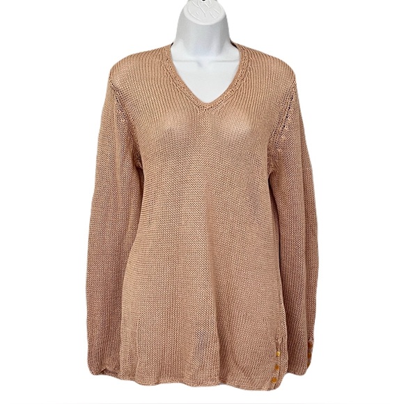 J. McLaughlin Tan Open Weave Linen-Blend V-Neck Sweater, Size M - Picture 1 of 3